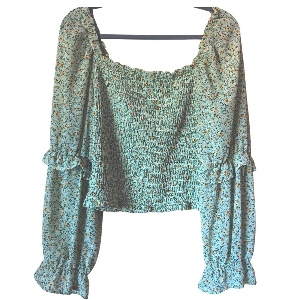 Wild Fable Floral Smocked Top Womens XXL Sage Green Excellent Puff Sleeve Boho